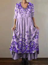 Frauen Alzheimer Bewusstsein Lila Blume Bedrucktes Baumwoll Leinen Langarm Maxi kleid